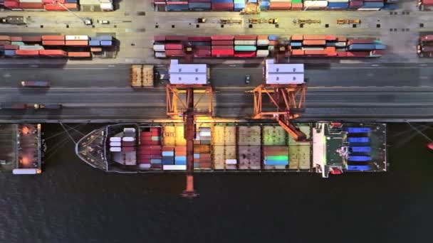 Судоходный Порт Грузовое Контейнерное Судно Кран Автомобильный Транспорт Промышленном Комплексе — стоковое видео