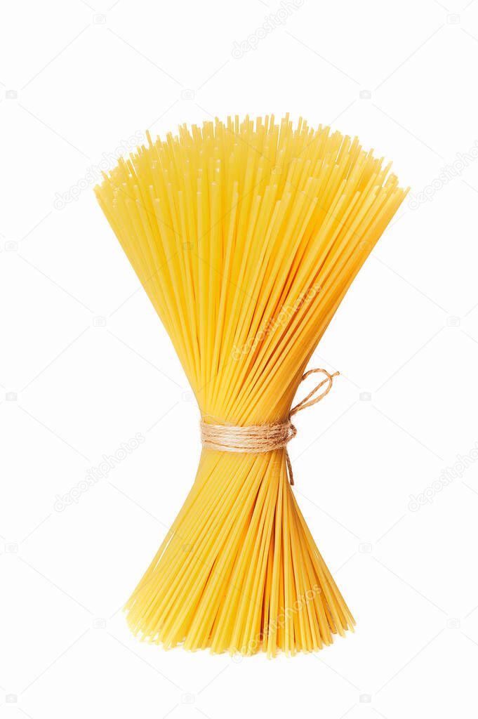 bunch of raw spaghetti pasta isolated on white background