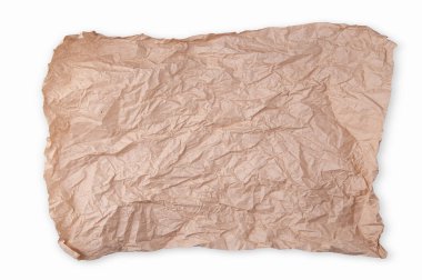 Beyaz arkaplanda izole edilmiş buruşuk kahverengi kağıt yaprağı