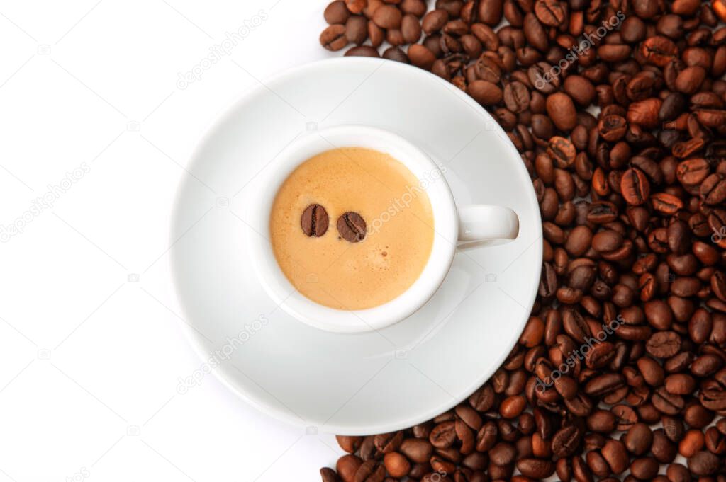 cup of coffee and coffee beans isolated on white background
