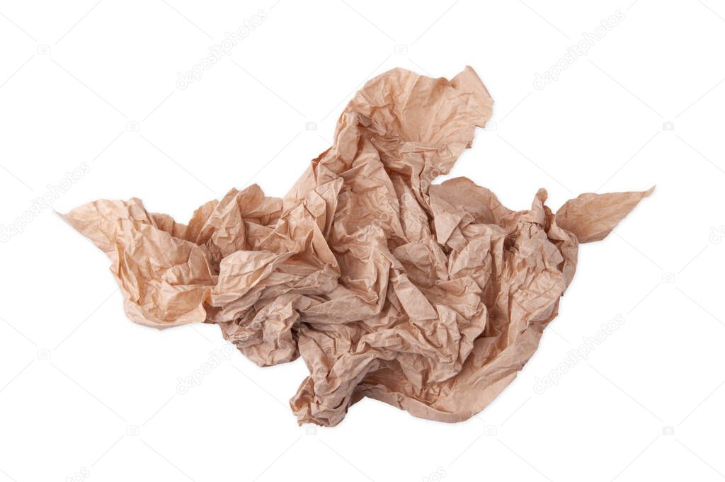 sheet of crumpled brown paper isolated on white background