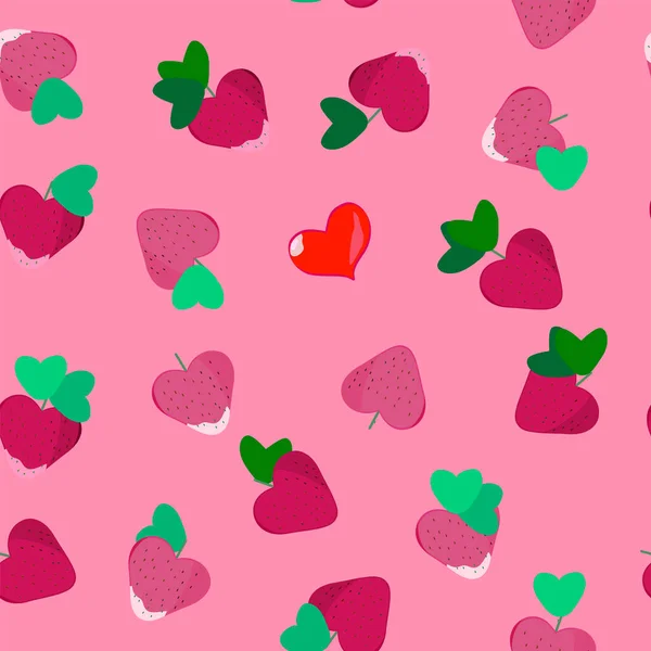 Pattern red and pink hearts strawberries — Stock Vector