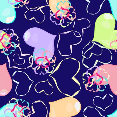 mavi arkaplanda çok renkli kalpler var.