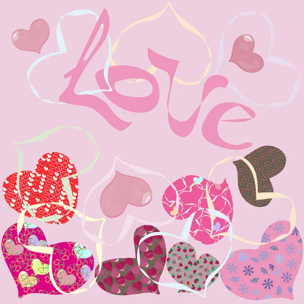 Valentine Card Hearts Patchwork Style Pink Background — Stock Vector