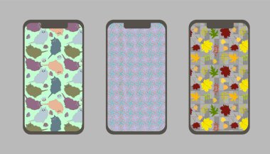 Bir cep telefonu için ekran koruyucusu ve neşeli kedi yavruları, kaldırımda sonbahar yaprakları ve geometrik desenli bir web sitesi.