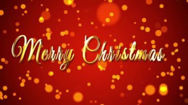 4K Mutlu Noeller ve Mutlu Yıllar Altın Yazıtlar. Kırmızı Arkaplanda Parlayan Parçacıklar ve Havai fişeklerle ECard Animasyonu. 