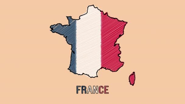 法国手绘粉笔笔墨动画地图与法国国旗地图轮廓在透明背景下的轮廓线 — 图库视频影像