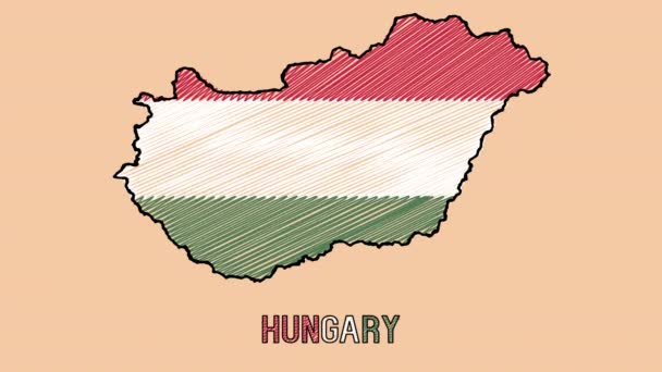 Ungheria Disegnato Mano Gesso Scribble Cartoon Animato Mappa Con Bandiera Video Stock Royalty Free