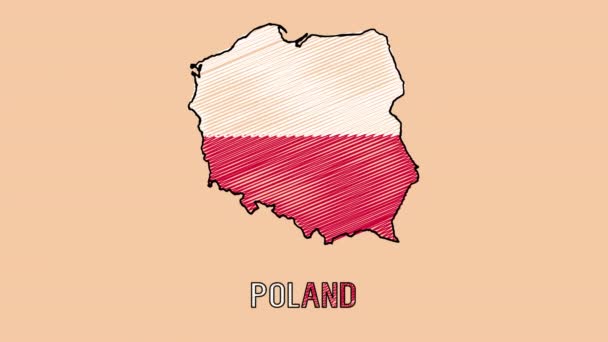 Polen Handgezeichnete Kreidekritzelkarikatur Animierte Landkarte Mit Polnischer Flagge Umriss Kontur — Stockvideo
