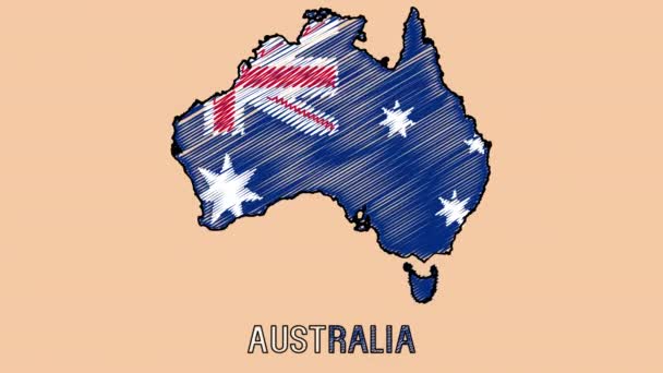 澳大利亚手绘粉笔笔墨漫画动画地图与澳大利亚国旗地图轮廓透明背景线 — 图库视频影像