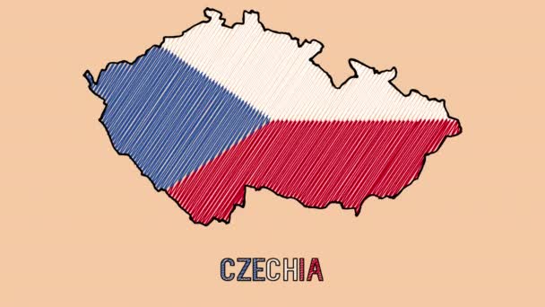Česko Ručně Kreslená Křída Čmáranice Karikatura Animovaná Mapa Vlajkou Mapa — Stock video