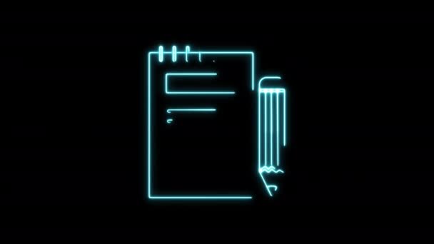 Neon Glowing Blank Notizbuch Mit Stift Schreiben Icon Business Sign — Stockvideo