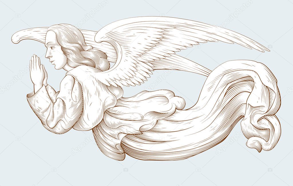 Praying flying Angel. Religious symbol of Christianity. Biblical illustrations in old engraving style. Decor for religious holidays. Hand drawn vector illustration.