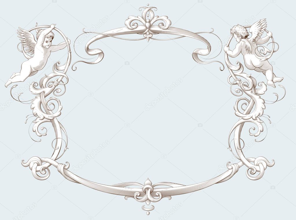 Elegant vintage border frame with cupids for weddings, Valentine`s day and other holidays. Decorative element in the style of vintage engraving with Baroque ornament. Hand drawn vector illustration