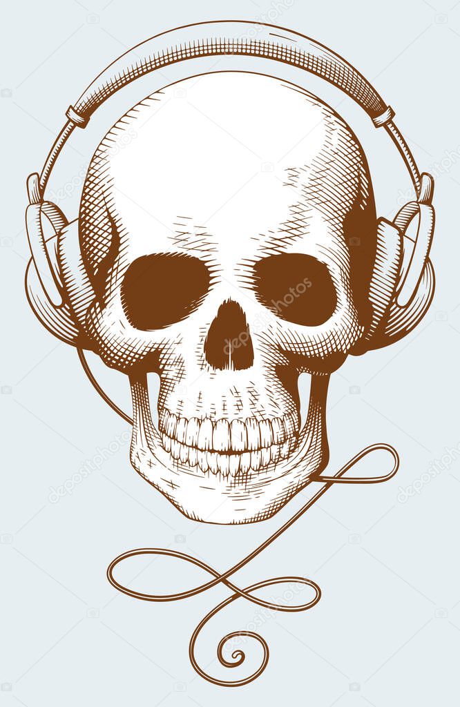 Human skull with headphones. Antique decorative element In the style of engraving. Could be used for tattoo, cards, T-shirt prints, banners. Vector illustration.