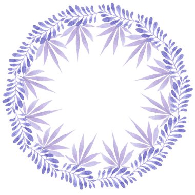 Kartpostallar için tasarlanan mor yapraklı çelenk bayramı kutluyor. Suluboya el çizimi.