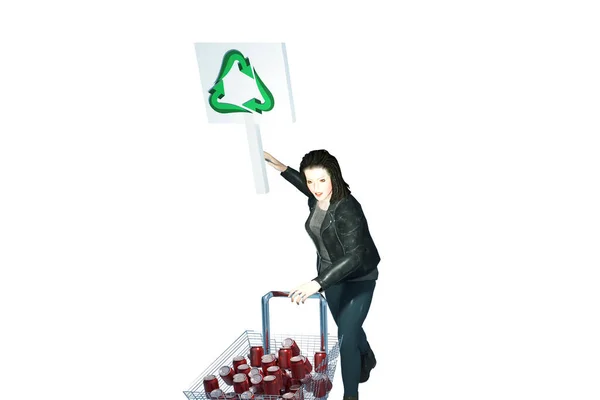 签署与回收符号为一方 推动超市购物车充满金属可再生垃圾的另一方黑色背景 — 图库照片