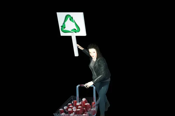 墨西哥一名妇女在推动环保运动的同时 手里拿着一个标有回收标志的标牌 沿着斜角的方向走着 推着一辆装满可再生金属废料黑色背景的购物车 — 图库照片