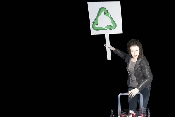 墨西哥一名提倡环保意识的妇女在推着装有金属罐可再生能源废物的购物车时拿着标牌进行回收利用 这是一个非常现实的三维例证 — 图库照片