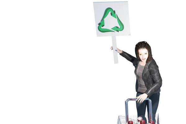 白人妇女促进环保运动的三维超写实主义插图推着装有金属废罐的购物车 手里拿着三个箭头符号的回收标牌白色背景 — 图库照片