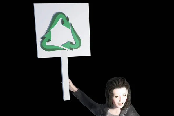 现实的3D展示了女性环保人士的环保运动 手里拿着一个标有环保标志的标志 以避免污染 并宣传推广可再生能源的责任 — 图库照片