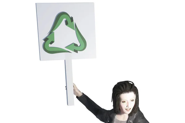 代表环保责任的三维妇女图片说明 手上拿着环保标志 宣布了可再生的环保标志 — 图库照片