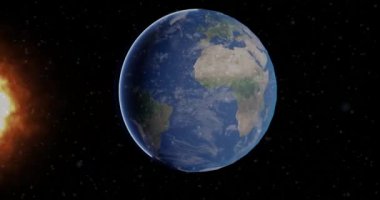 Yıldızlar arasında, bir kuyrukluyıldızın Dünya gezegeniyle çarpışması sonucu meydana gelen felaket, üç boyutlu animasyon filminde gösterildiği üzere gazla temas eden alevler ve toprak parçaları yayıyor.