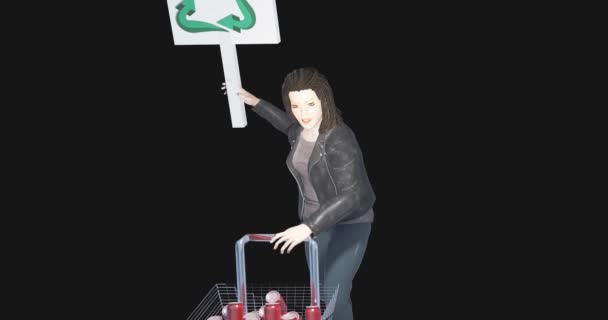 白人女性が手作りの看板でリサイクル作業を推進し 缶入りのカートを運ぶ 三次元アニメーション孤立黒の背景 — ストック動画