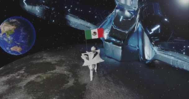 Astronaut Pilot Kvinna Science Fiction Uppdrag Månen Håller Mexikos Flagga — Stockvideo