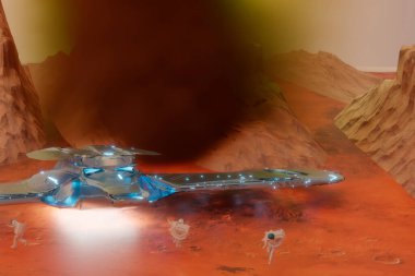 Mars 'ta keşif gezisi yapan astronotların üç boyutlu bir çizimi.