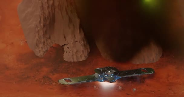 Extremt Lång Båge Skott Grupp Människor Mars Landning Expedition Bredvid — Stockvideo