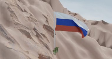 Textile flag Russia blows in the wind while the camera makes movement arc shot on the mountain