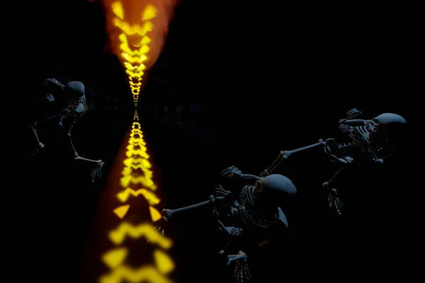 mysterious dance of trio of skeletons dancing vigorously around a smoke bomb with eye glares and evil smiles on Halloween night nightmare Aerial view of three-dimensional rendering