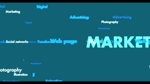 コンピュータ画面ループアニメーション間のデジタルマーケティングスクロールで紹介されているさまざまな単語と雲のランダムテキスト — ストック動画