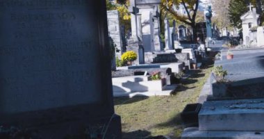 Şehir mezarlığı taşları çimenli patika boyunca perspektifi geri çeker