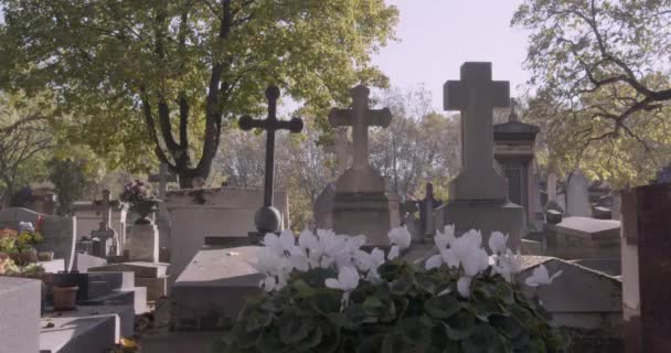 Poêle à droite des croix, pierres tombales dans le cimetière urbain — Video