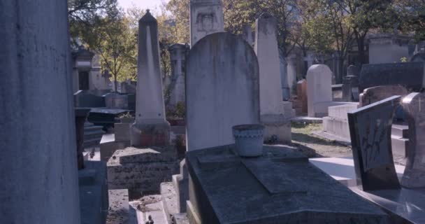팬 샷은 시 묘지 렌즈 플레어에 있는 큰 묘석을 지나갔다 — 비디오
