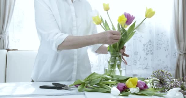 Kobieta organizując Wielkanoc wiosna kwiaty jasne — Wideo stockowe