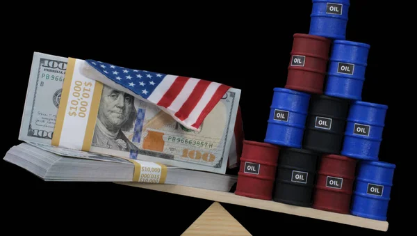 Dollar Balance Scale Oil Barrels World Oil Commodity Price Cause — Stock fotografie