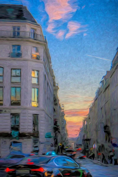 Paris urban street scene at sunset. Painterly look oil and pastels. Vivid blue sky over Haussmann building architecture. Busy evening street scene with traffic. High quality illustration