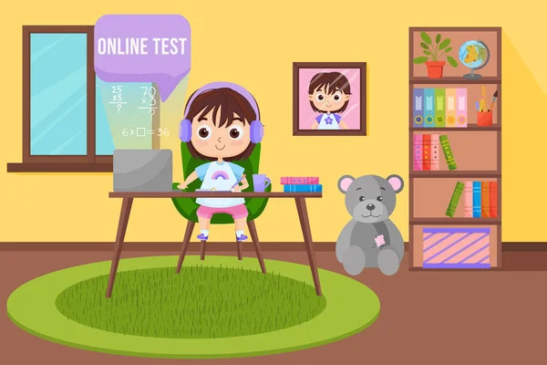 Kinderen Leren Online Testen Online Test Thuis Afstandsonderwijs Concept Cartoon — Stockvector