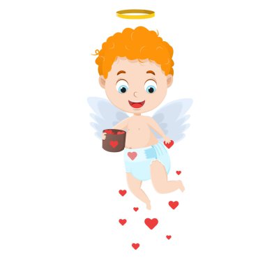 Sevimli çizgi film bebek aşk tanrısı kalp saçıyor. Sevgililer Günü için Amour Baby. Beyaz arkaplanda izole edilmiş vektör illüstrasyonu