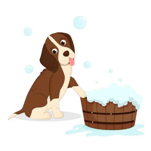 Cute Beagle Cachorro Bañarse Una Bañera Madera Ilustración Para Una — Vector de stock