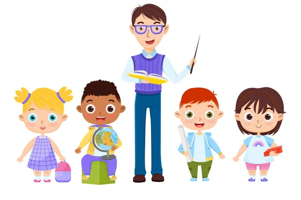 Εικονογράφηση Διανύσματος Ενός Δασκάλου Και Των Παιδιών Λευκό Φόντο Σχολική — Διανυσματικό Αρχείο