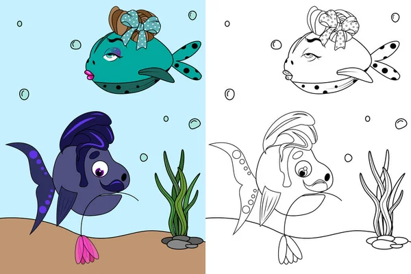 Libro Para Colorear Para Niños Con Dos Peces Marinos Lindos — Archivo Imágenes Vectoriales