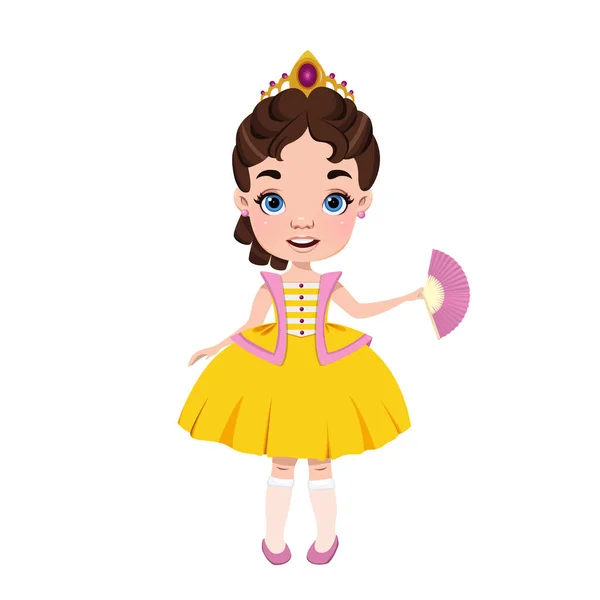 Милая Маленькая Принцесса Веером Красивом Платье Стоит Изолированном Белом Фоне — стоковый вектор
