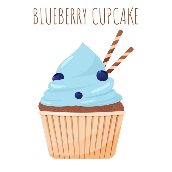 Cupcake Con Crema Azul Arándanos Tubo Gofre Parte Superior Vector — Vector de stock