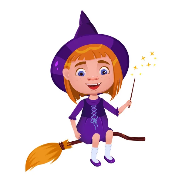 A little witch on a broom with a magic wand — Stock Vector