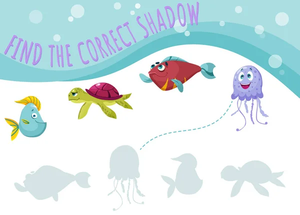 Dětská hra najít správný stín s rybami — Stockový vektor