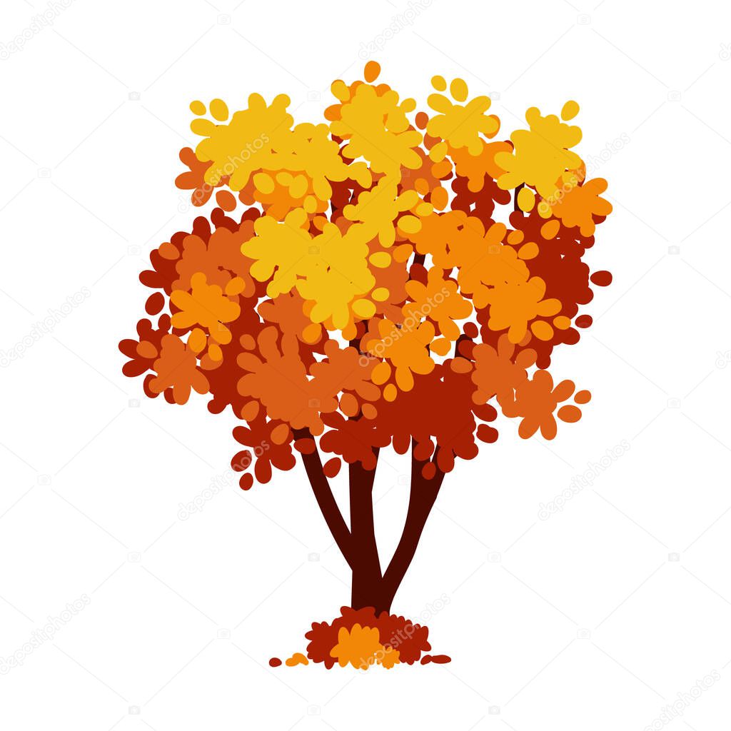 Cartoon autumn tree isolated on a white background. Vector element for fall landscape, autumn cards, kids books.